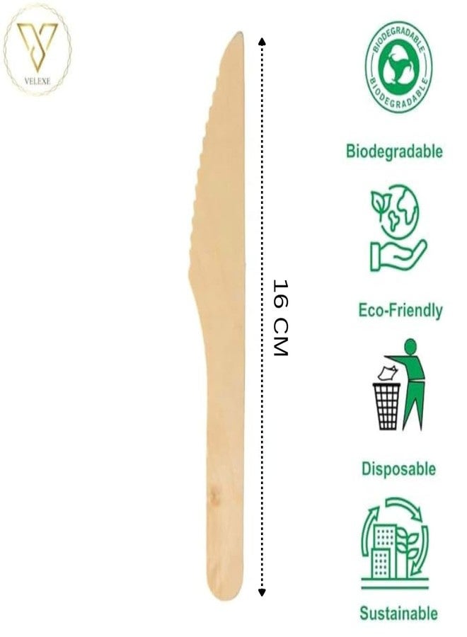VELEXE Disposable Wooden Knives | Size: 160MM (16 CM) | Pack of 100 | Wooden Dining Flatware | Ideal for Wedding, Birthday Parties & Travelling | Biodegradable & Sustainable - Image 2